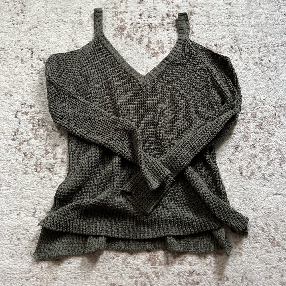 Army green peak a boo shoulder sweater